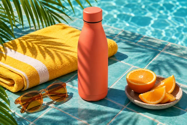 A coral bottle, sunny yellow beach towel, amber sunglasses and fresh oranges beside a turquoise pool